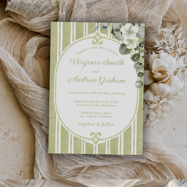 Elegant Floral Striped Green Wedding Invitation (Creator Uploaded)
