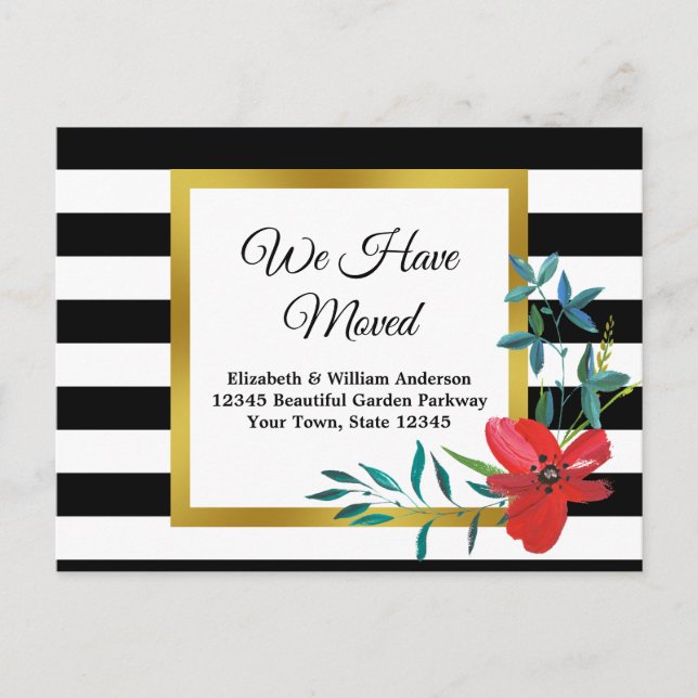 Elegant Floral & Striped Moving Announcement Postcard (Front)