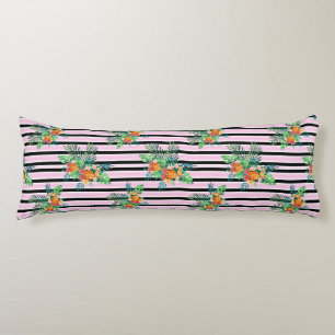 Elegant Floral Stripes – Black and Pink Flower Body Cushion