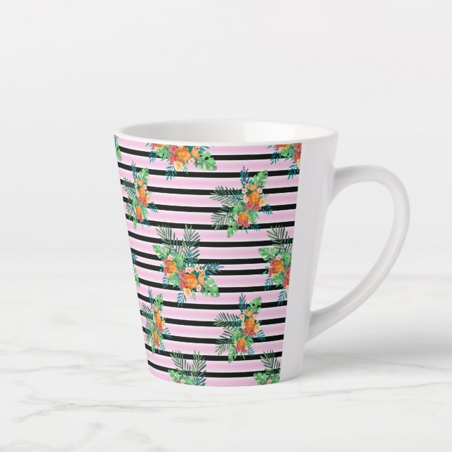 Elegant Floral Stripes – Black and Pink Flower Latte Mug (Right)