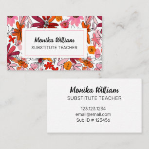 Elegant Floral Substitute Teacher  Business Card