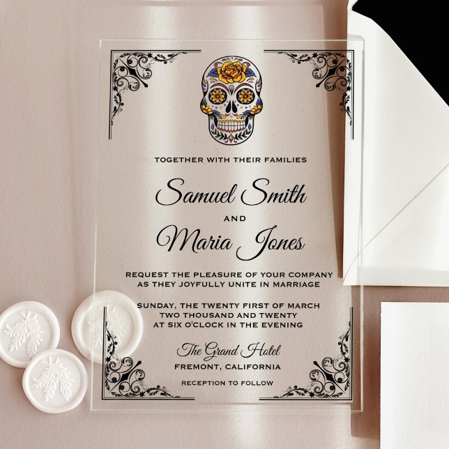 Elegant Floral Sugar Skull Wedding Acrylic Invitations (Creator Uploaded)