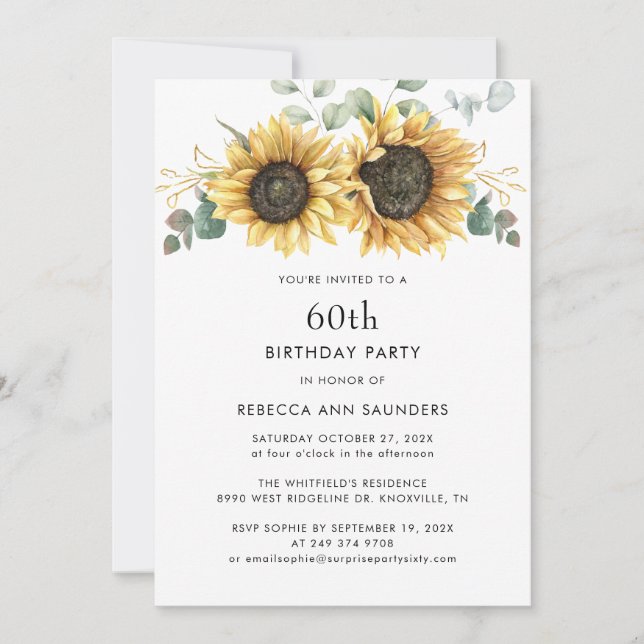 Elegant Floral Sunflower 60th Birthday Party Invitation (Front)