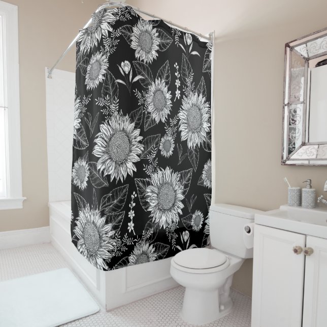 Elegant Floral Sunflower Black White Shower Curtain (In Situ)
