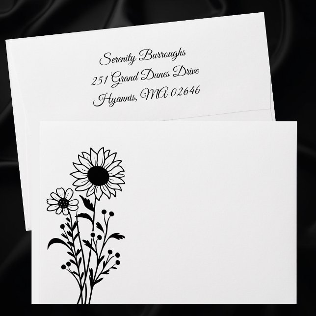 Elegant Floral Sunflower Black White Wedding  Envelope (Creator Uploaded)