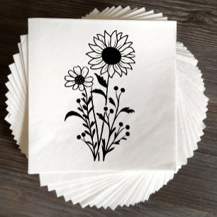 Elegant Floral Sunflower Black White Wedding  Napkin