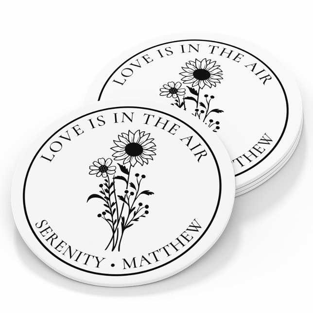 Elegant Floral Sunflower Black White Wedding       Round Paper Coaster (Creator Uploaded)