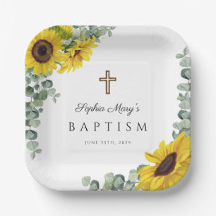 Elegant Floral Sunflower Cross Baptism Paper Plate