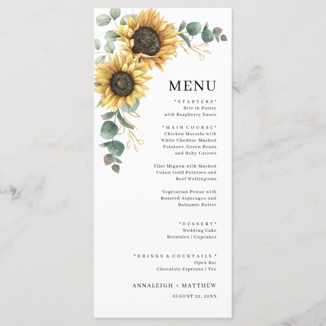 Elegant Floral Sunflower Eucalyptus Wedding Menu (Front)