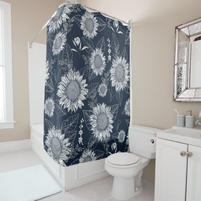 Elegant Floral Sunflower Navy Blue Shower Curtain (In Situ)