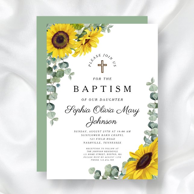 Elegant Floral Sunflower Religious Baptism Invitation (Elegant Floral Sunflower Religious Baptism Invitation)