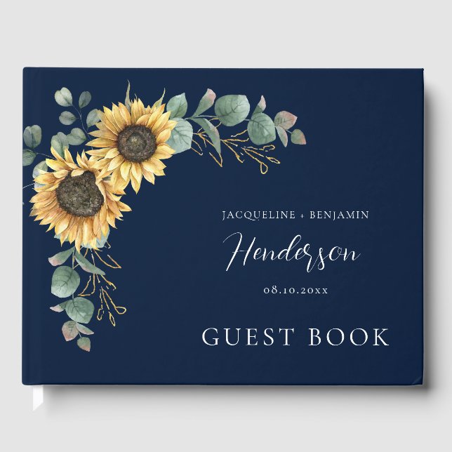 Elegant Floral Sunflower Script Wedding Guest Book (Front)