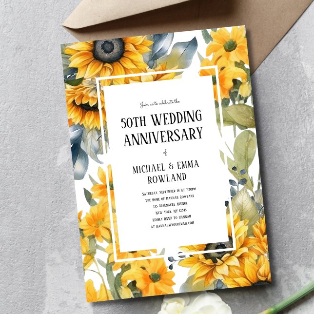Elegant Floral Sunflowers 50th Wedding Anniversary Invitation (Creator Uploaded)