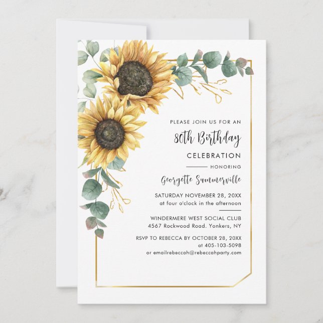 Elegant Floral Sunflowers 80th Birthday Party Invitation (Front)