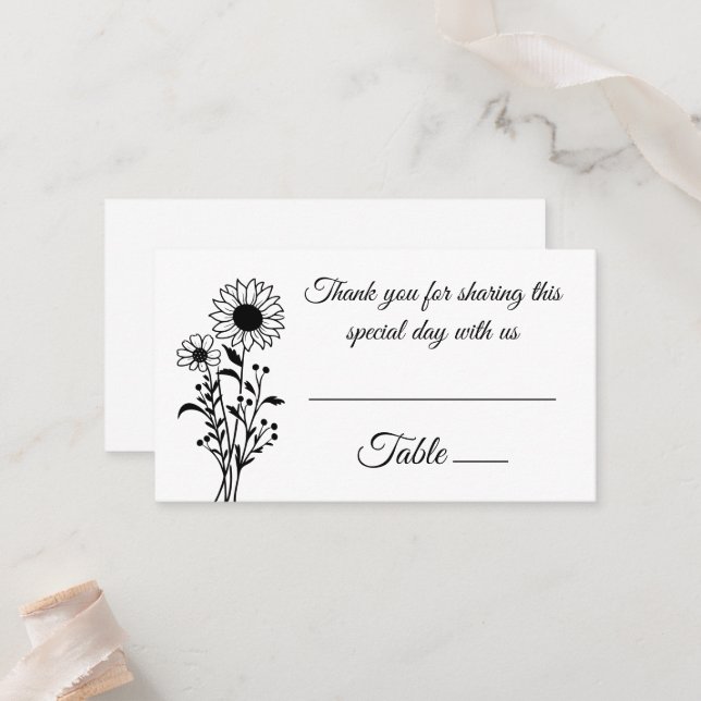 Elegant Floral Sunflowers Black White Wedding  Place Card (Front/Back In Situ)