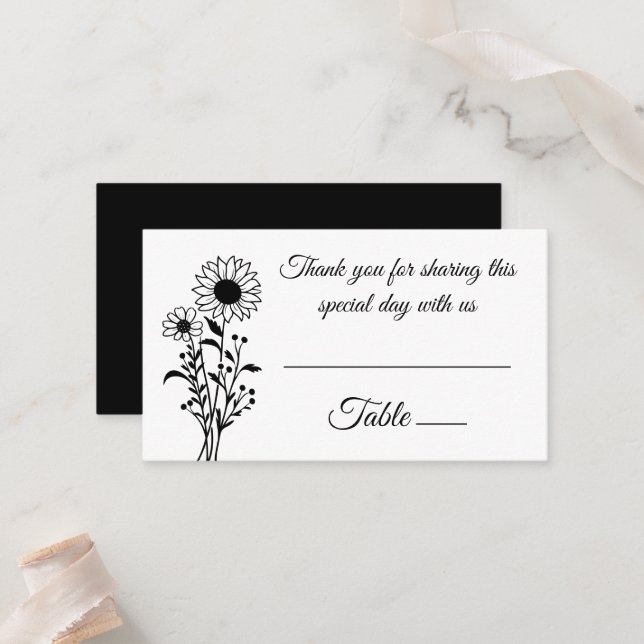 Elegant Floral Sunflowers Black White Wedding  Place Card (Front/Back In Situ)