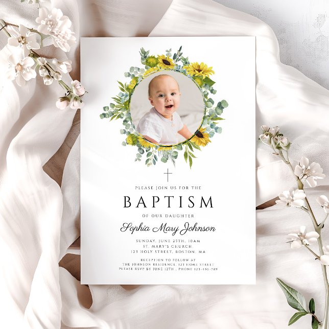 Elegant Floral Sunflowers Girl Photo Baptism Invitation (Elegant Floral Sunflowers Girl Photo Baptism Invitation)
