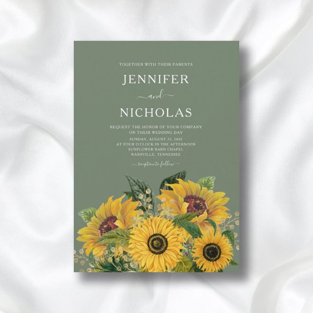 Elegant Floral Sunflowers Green Wedding Invitation (Creator Uploaded)