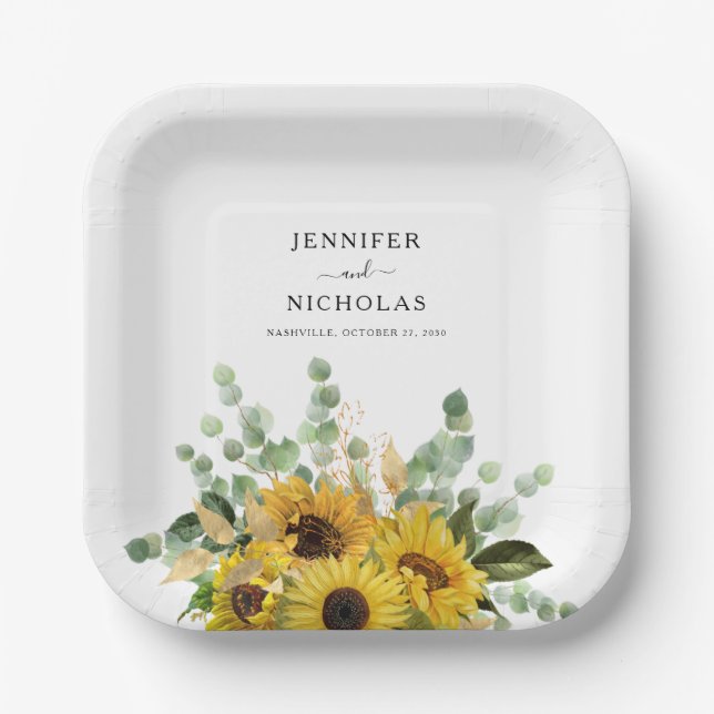 Elegant Floral Sunflowers Wedding Paper Plate (Front)