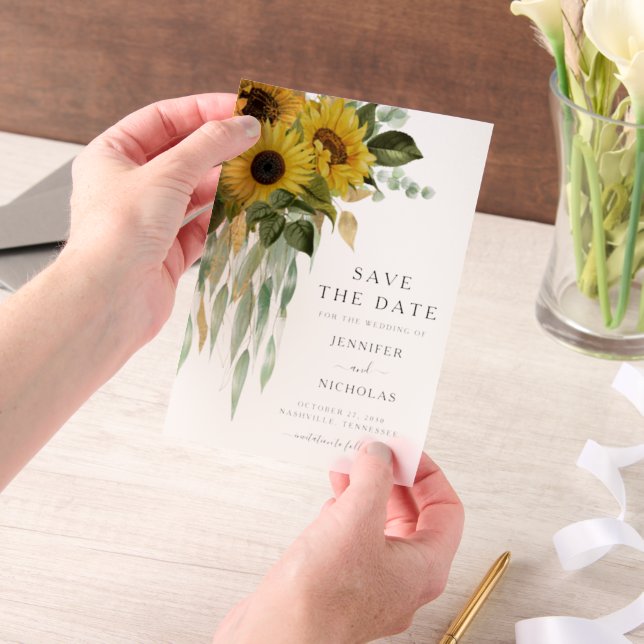 Elegant Floral Sunflowers Wedding Save The Date Vellum Invitations (Handheld)