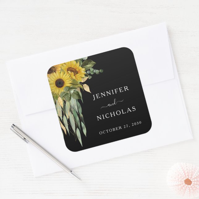 Elegant Floral Sunflowers Wedding Square Sticker (Envelope)