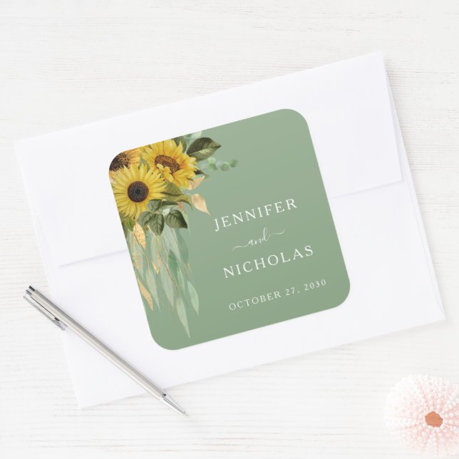 Elegant Floral Sunflowers Wedding Square Sticker (Envelope)