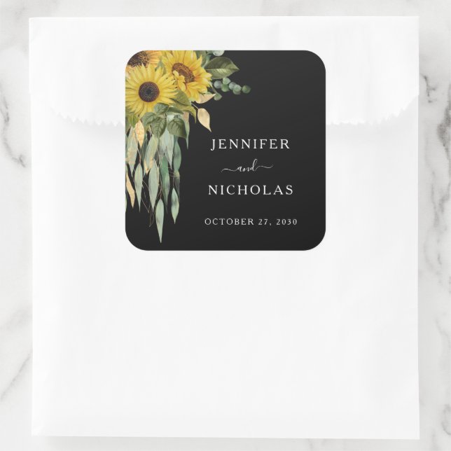 Elegant Floral Sunflowers Wedding Square Sticker (Bag)