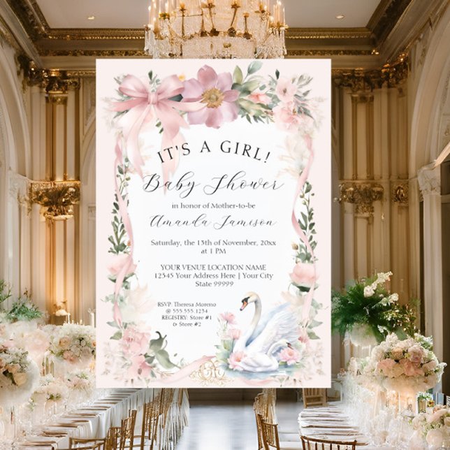 Elegant Floral Swan Blush Pink Ribbon Baby Shower Invitation (Creator Uploaded)