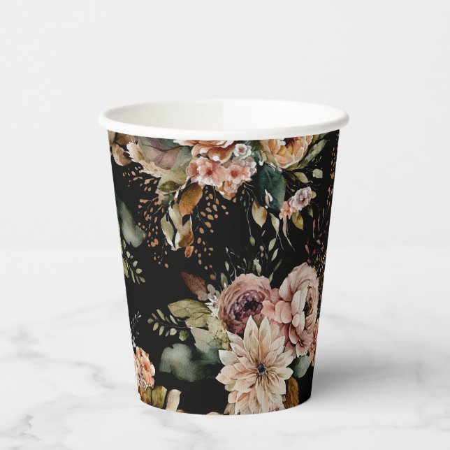 Elegant Floral Sweet Sixteen | Black & Blush Party Paper Cups (Left)