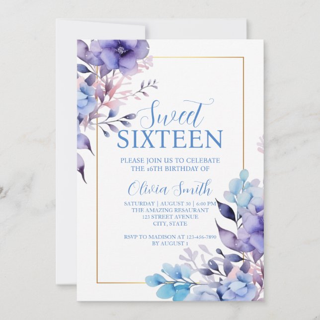 Elegant Floral Sweet Sixteen Invitation (Front)