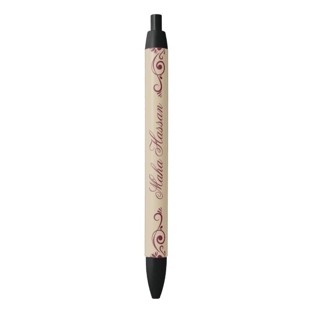 Elegant Floral Swirl Illustration  Burgundy & gold Black Ink Pen (Front Vertical)