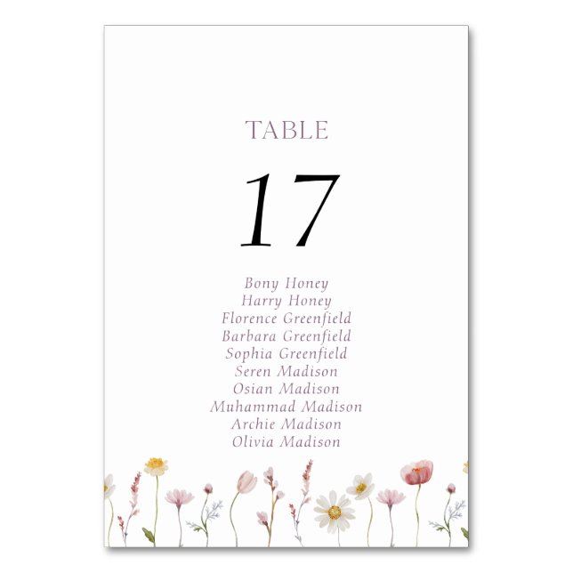 Elegant Floral Table Number Card (Front)