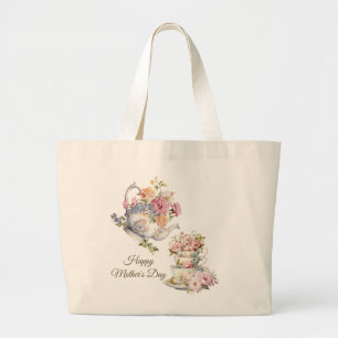 Elegant Floral Tea Happy Mother's Day Large Tote Bag