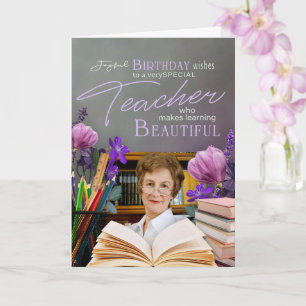 Elegant Floral Teacher Birthday Keepsake Photo  Card