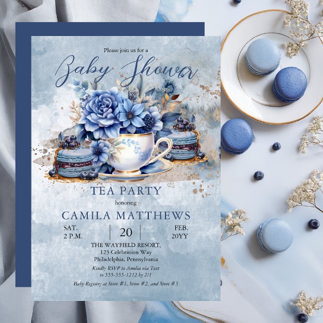 Elegant Floral Teacup Baby Shower Invitation (Blue Elegant Floral Teacup and Macarons Baby Shower Tea Party Invitation - Print | Digital Download)