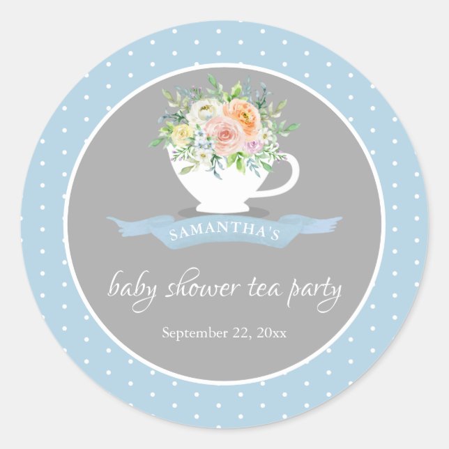 Elegant Floral Teacup Baby Shower Tea Party Classic Round Sticker (Front)