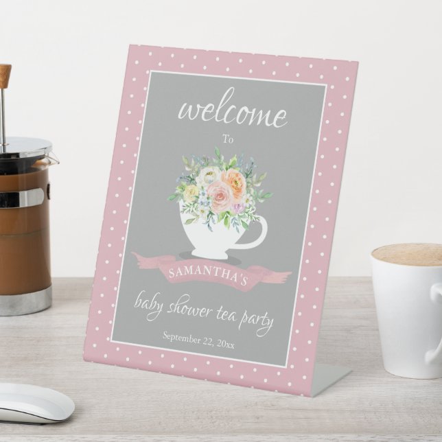 Elegant Floral Teacup Baby Shower Tea Party Pedestal Sign (In SItu)