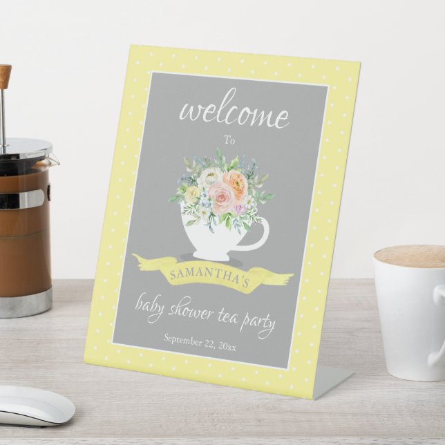 Elegant Floral Teacup Baby Shower Tea Party Pedestal Sign (In SItu)