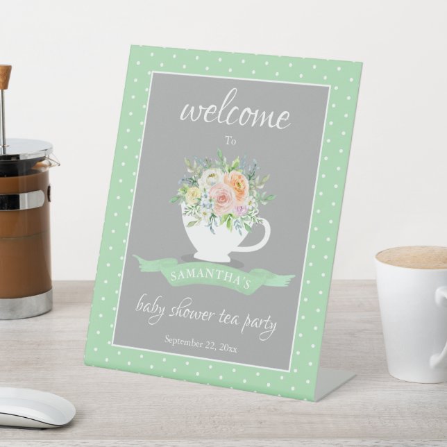 Elegant Floral Teacup Baby Shower Tea Party Pedestal Sign (In SItu)