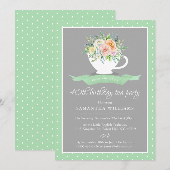 Elegant Floral Teacup Birthday Tea Party Invitation (Front/Back)