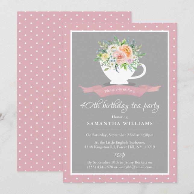 Elegant Floral Teacup Birthday Tea Party Invitation (Front/Back)