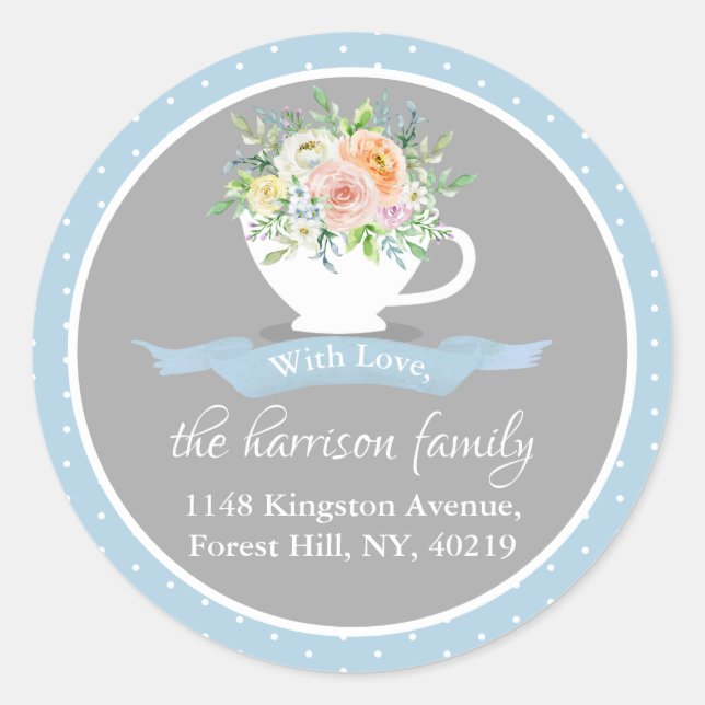 Elegant Floral Teacup Return Address Classic Round Sticker (Front)