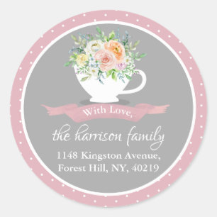 Elegant Floral Teacup Return Address Classic Round Sticker