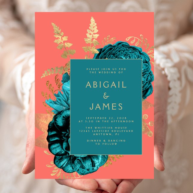 Elegant Floral Teal Blue Coral Gold Wedding Invitation (Creator Uploaded)