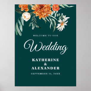 Elegant Floral Teal Burnt Orange Welcome Wedding Poster