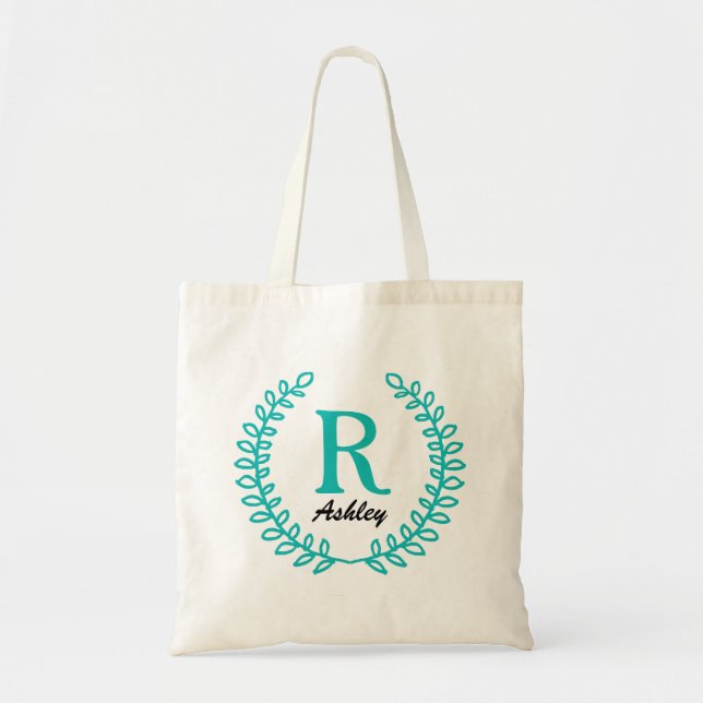 Elegant Floral Teal Monogram Tote (Front)