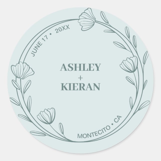 Elegant Floral Teal Wedding Classic Round Sticker (Front)