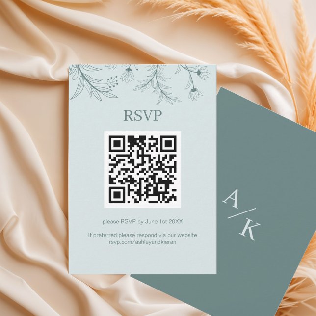 Elegant Floral Teal Wedding QR code RSVP Card (Creator Uploaded)