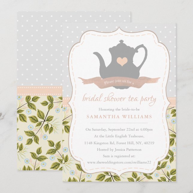 Elegant Floral Teapot Bridal Shower Tea Party Invitation (Front/Back)