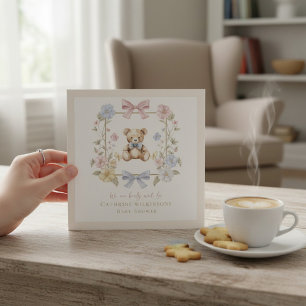 Elegant Floral Teddy  pastel  baby shower QR code Invitation